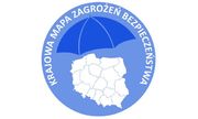 Logo Krajowej Mapy Zagrożeń Bezpieczeństwa - koło w kolorystyce szaroniebieskiej przedstawiające kontur Polski i roztoczony nad nią parasol.