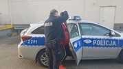 Zdjęcie radiowozu, do którego umundurowany policjant wsadza na tył zatrzymanego mężczyznę.