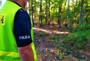 Zdjęcie pleców umundurowanego policjanta na tle lasu.