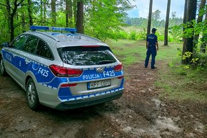 Radiowóz na dukcie leśnym w tle umundurowany policjant