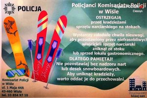 Zdjęcie przedstawiające ulotkę informującą o kradzieżach sprzętu narciarskiego.