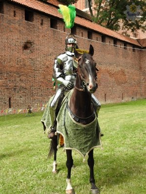 Zdjęcie przedstawiające dzielnicowego, przebranego w strój rycerski, siedzącego na koniu