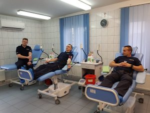Zdjęcie przedstawiające policjantów, którzy oddają krew dla chorej dziewczynki