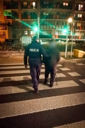 Zdjęcie przedstawiające policjanta przeprowadzającego starszą osobę przez jezdnię