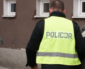 Zdjęcie przedstawiające policjanta ubranego w kamizelkę odblaskową z napisem Policja