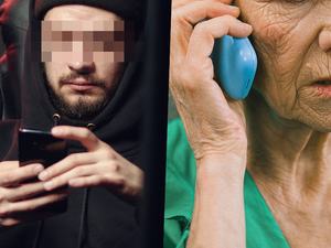 Kolaż zdjęć staruszki i mężczyzny w ciemnej bluzie z kapturem trzymających w rękach telefony.