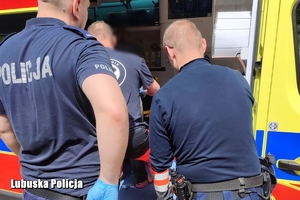 Zbliżenie wejścia do karetki pogotowia, widoczni odwróceni plecami ratownicy medyczni i policjant
