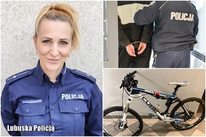 Kolaż zdjęć uśmiechniętej policjantki, zbliżenia rąk mężczyzny ze skutymi rekami oraz roweru