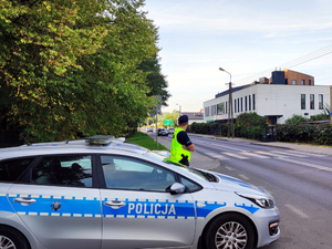 Policjant w żółtej kamizelce przy radiowozie w tle jezdnia i budynek