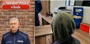 Umundurowany policjant i mężczyzna w kapturze