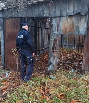 Policjant zaglądający do blaszanego pawilonu