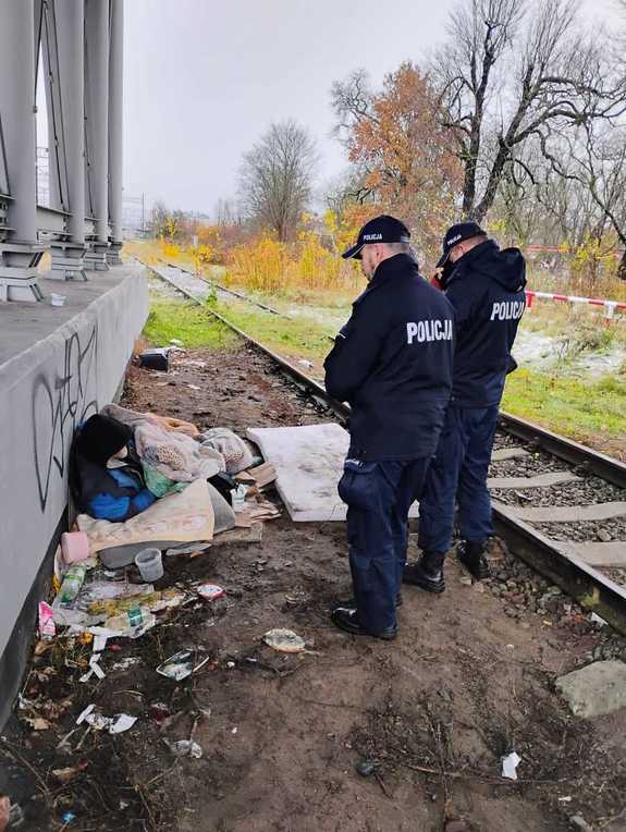 Dwójka policjantów przy wiadukcie kolejowym pochylająca się nad leżącą pod gałganami osobą