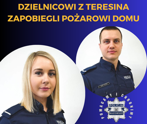 Grafika z dwójką młodych uśmiechniętych policjantów i logiem policji