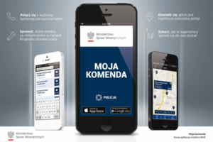 Zdjęcia smartfonu z wyświetloną w granatowej tonacji aplikacją z napisem Moja Komenda