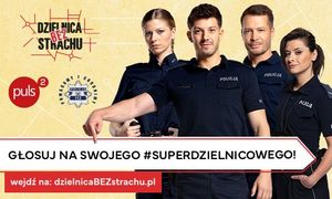 Grafika plebiscytu #superDzielnicwy, czwórka umundurowanych policjantów