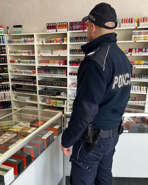 Widziany od tylu policjant w sklepie z artykułami tytoniowymi