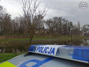 Dach radiowozu z galeryjką, w tle staw i zamek