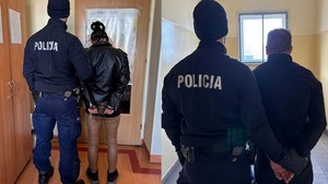 Kolaż zdjęć widzianych od tylu: policjanta i kobiety ze skutymi rękami z tyłu, policjanta i mężczyzny ze skutymi z tyłu rękami