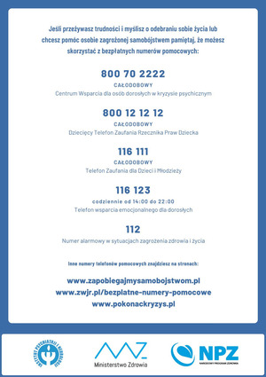 Biało niebieski plakat z numerami telefonów zaufania.