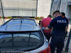 Dwaj policjanci wsadzający do radiowozu skutego kajdankami mężczyznę