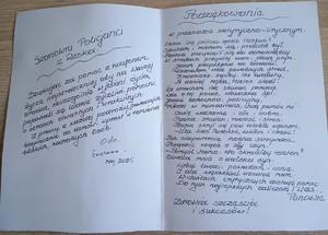 Karta papieru zapisana pismem odręcznym zatytułowana podziękowania