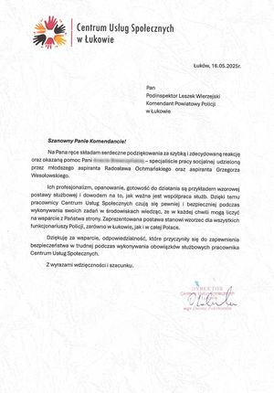 Karta papieru z nagłówkiem  Centrum Usług Społecznych w Łukowie zapisana pismem maszynowym