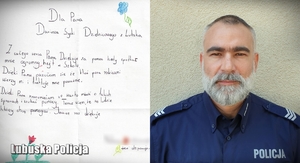 Kolaż zdjęć odręcznej laurki i zdjęcia policjanta