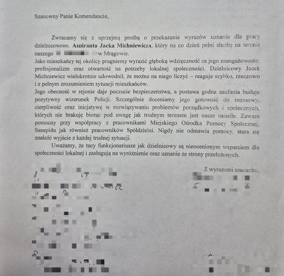 Podziękowania mieszkańców dla dzielnicowego z Mrągowa