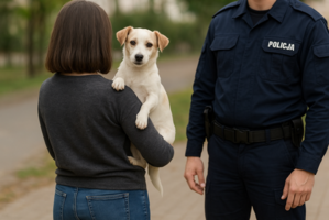 Policjant oraz kobieta z psem na rękach na tle parku