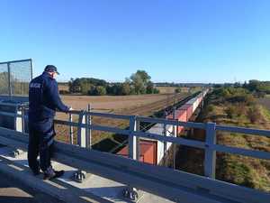 Policjant na wiadukcie, w dole przejeżdżający pociąg