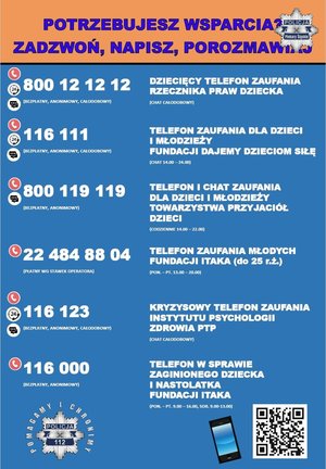 Niebiesko-pomarańczowa ulotka z numerami telefonów interwencyjnych