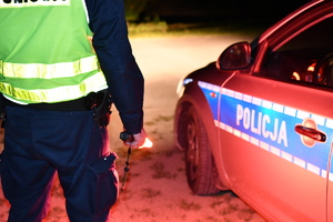 W scenerii nocnej widziany z tyłu policjant obok radiowozu.