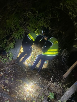 w scenerii nocnej dwójka policjantów w kamizelkach odblaskowych w krzewach