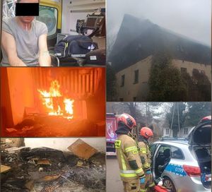 Kolaż zdjęć płonącego budynku, radiowozu, strażaków oraz wnętrza karetki pogotowia z mężczyzną ze zanimizowaną twarzą