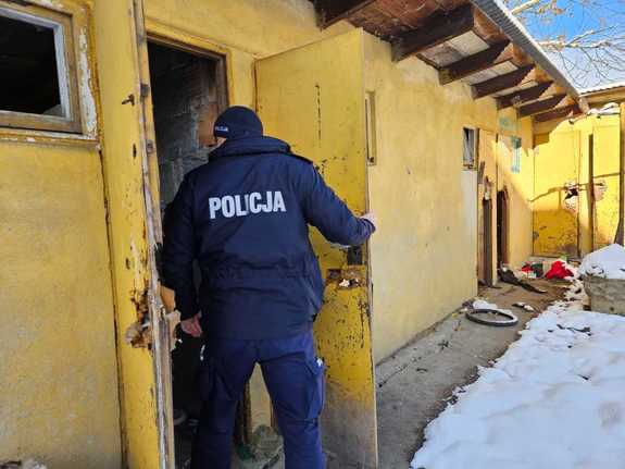 Widziany od tyłu policjant zaglądający do zrujnowanego pomieszczenia komórki gospodarczej