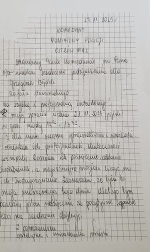 Karta papieru w kratkę zapisana odręcznym pismem