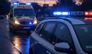 W scenerii zmierzchu ulicy radiowóz i karetka pogotowia