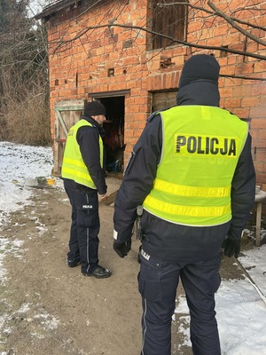 Policjanci w kamizelkach odblaskowych na tle zrujnowanego budynku gospodarczego z czerwonej cegły.