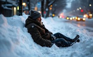 Mężczyzna leżący w zaspie na ulicy