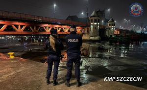 Widziana z tyłu dwójka policjantów na brzegu rzeki obok mostu w scenerii nocnej starówki