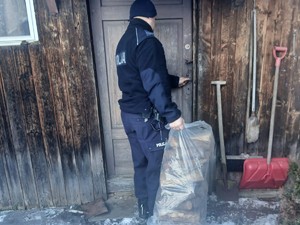 Policjant z workiem drewna przy drzwiach do drewnianego domu