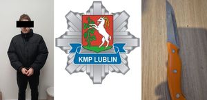 Kolaż zdjęć mężczyzny w czarnej kurtce ze zanimizowaną twarzą loga  KMP Lublin oraz noża