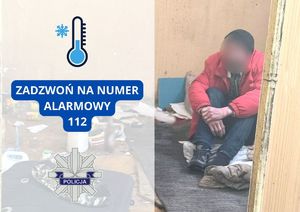 Kolaż zdjęć bezdomnego siedzącego na podłodze, termometru i numeru alarmowego