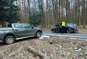 Na leśnej drodze policjant i strażnik leśny kontrolujący samochód