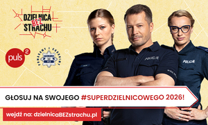 Plakat plebiscytu #superdzielnicowy 2026 z sylwetkami trójki policjantów