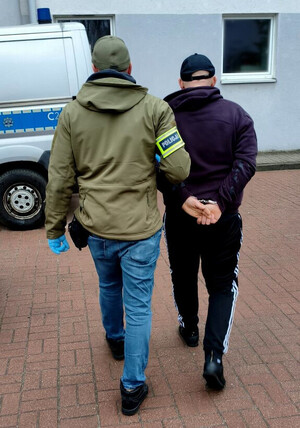 Widziani od tyłu policjant doprowadzający mężczyznę do siedziby policji