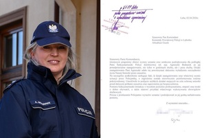 Kolaż zdjęć uśmiechniętej policjantki na zewnątrz budynku oraz karty zadrukowanej pismem maszynowym.