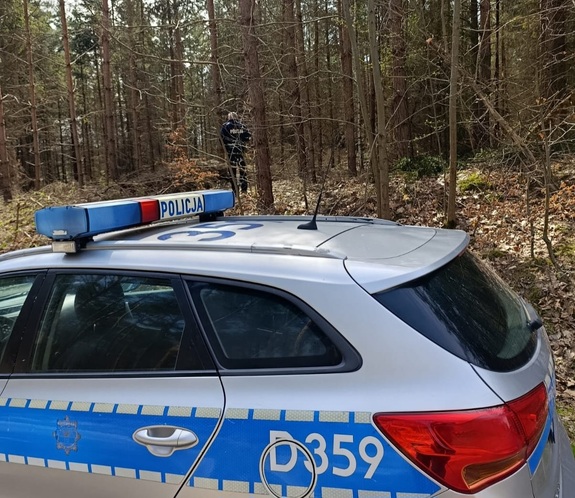 Na leśnej drodze radiowóz, w głębi lasu sylwetka policjanta