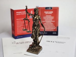 Figurka temidy na tle kodeksu karnego.