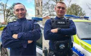 Kolaż zdjęć dwóch policjantów na tle radiowozu